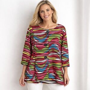 Multiples Women Artsy Multicolor Texture Striped Button Down Top Stretch Office